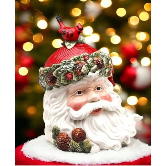 Cosmos Evergreen Santa Ceramic Christmas Holiday w/Cardinal Bird Cookie Jar USED - Picture 1 of 11